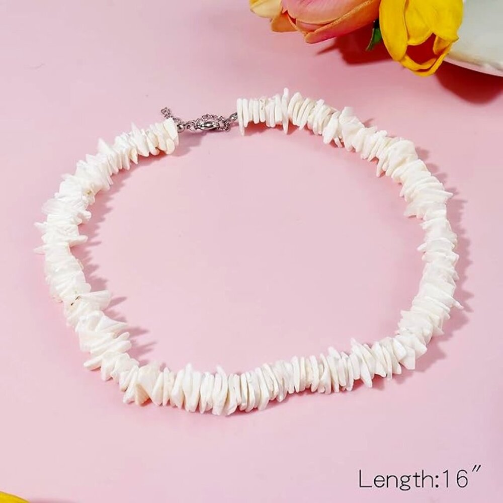 White Puka Shell Necklace, Hawaiian Style Clam Chip Surfer Necklace